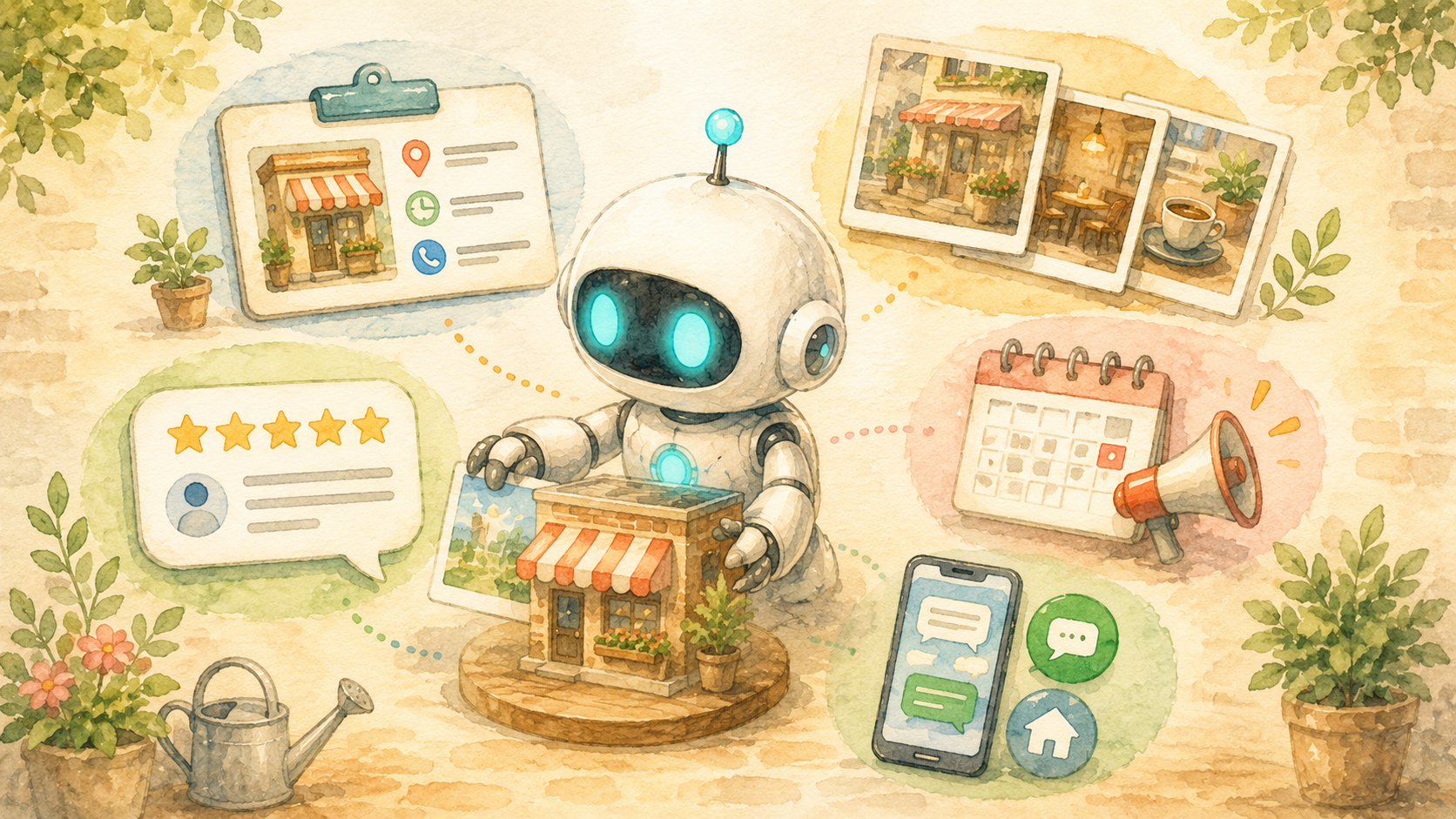 白いロボットが、店舗情報・写真・口コミ・投稿・ホームページとLINEへの導線という5つのアイコンを整理しているイラスト