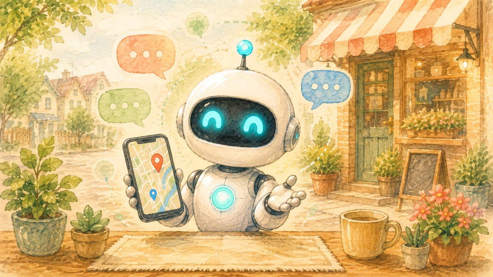 白いロボットが笑顔でスマホを手に、Googleマップ整備の無料相談を案内しているイラスト