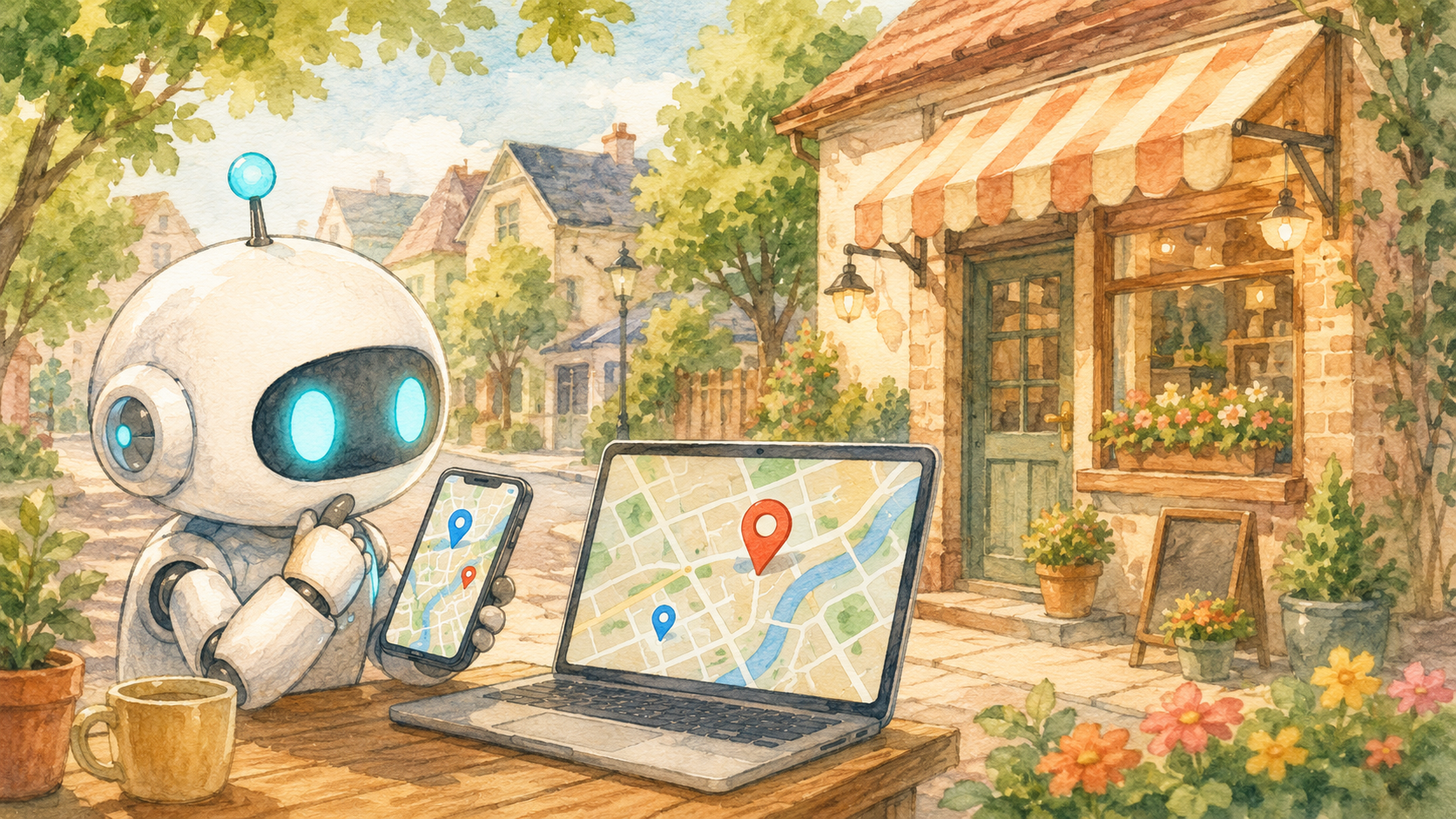 白い小さなロボットが、地図のピンが立ったスマホ・パソコンの画面と近くのお店を見比べているイラスト
