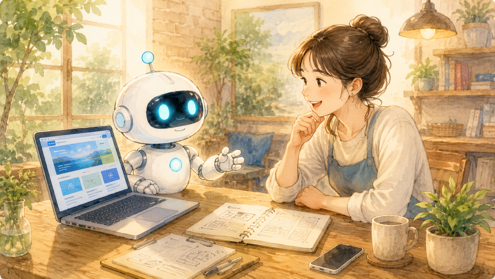 テーブルを挟んで相談者と笑顔で和やかに話す白いロボット。コマチWEBサポートへの気軽な無料相談のイメージ