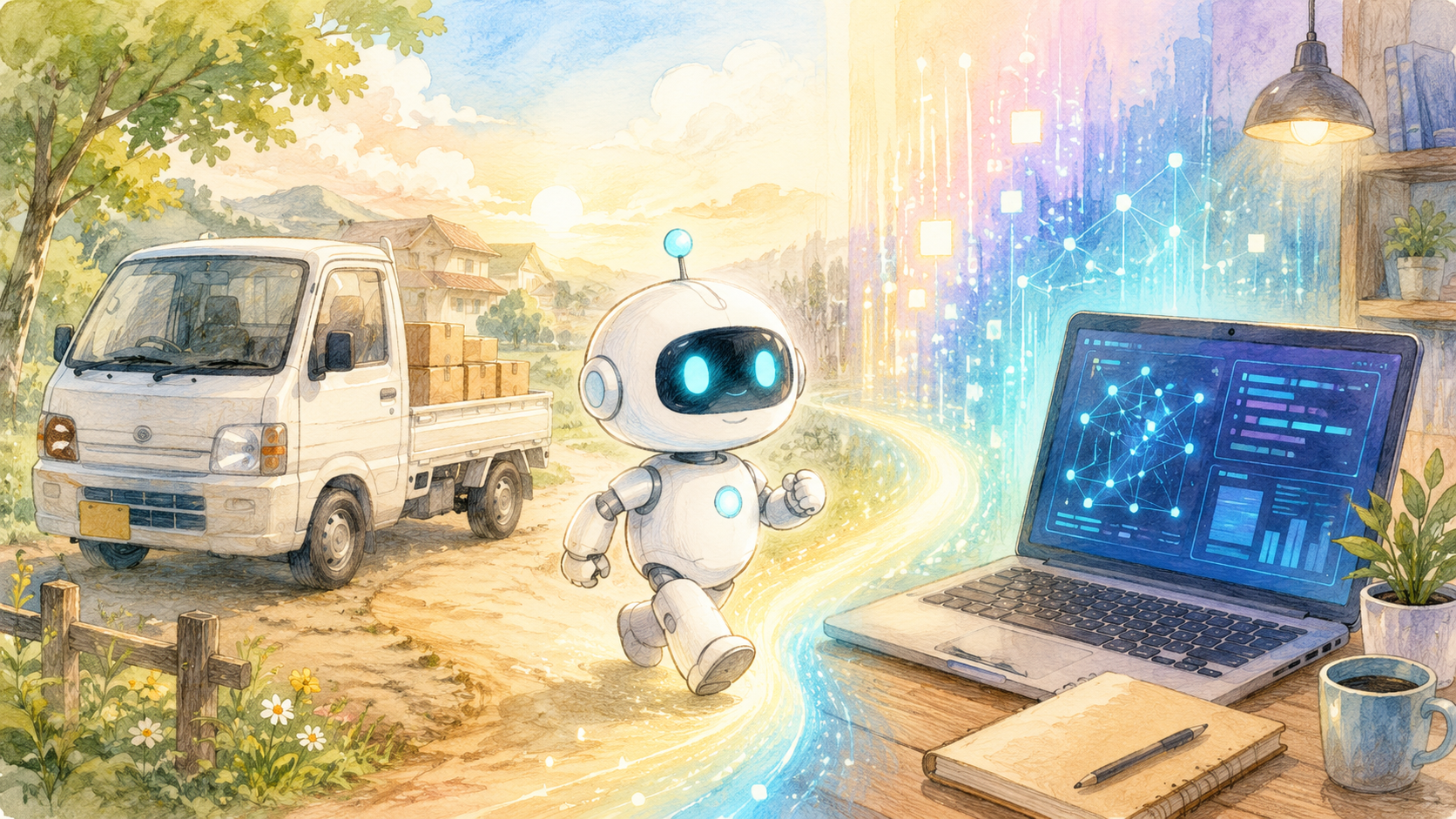 軽トラックとノートパソコンの両方のそばに立つ白い小さなロボット。軽貨物配送の現場経験を活かしてAI実装へ転身するイメージ