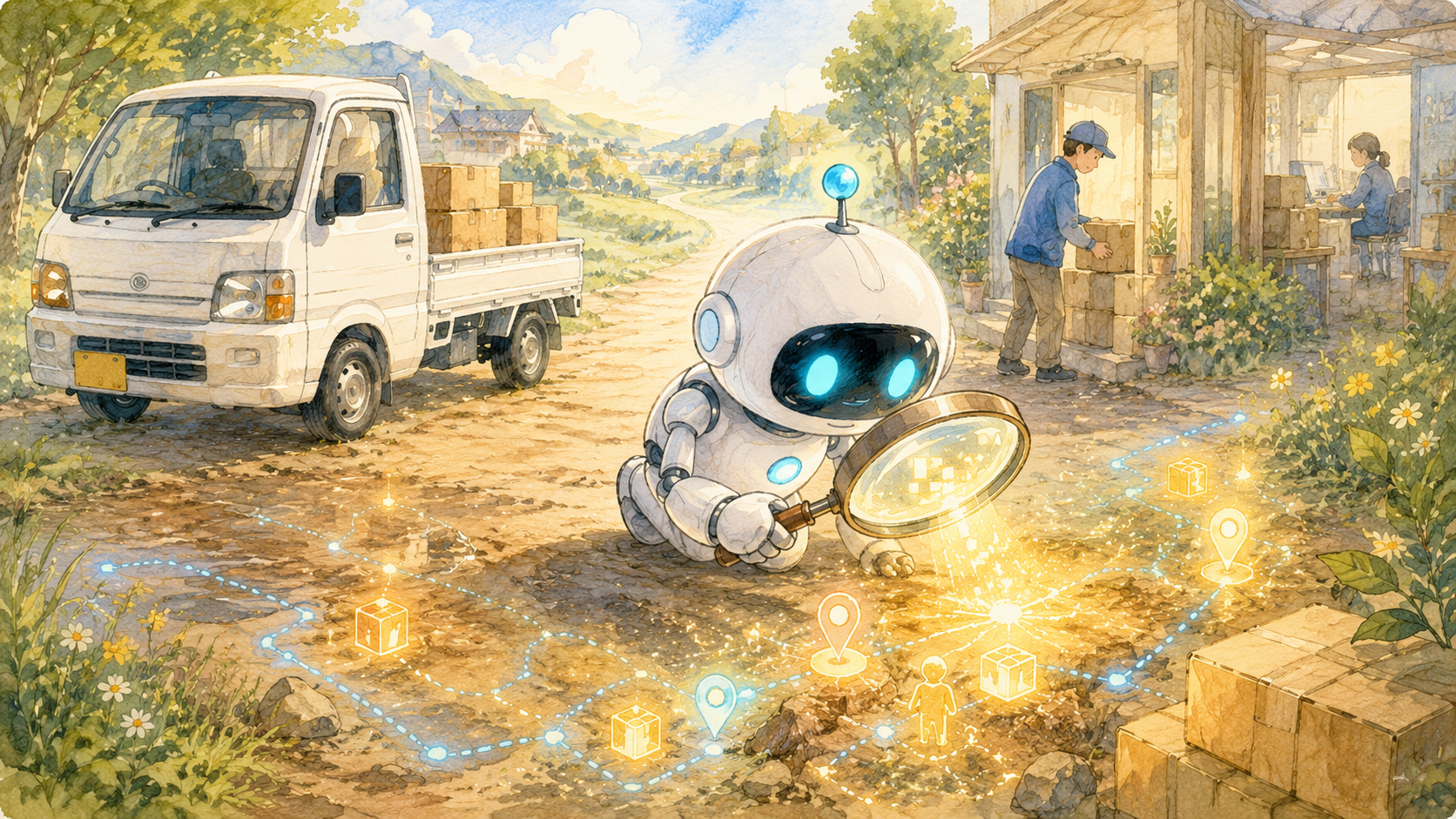 虫眼鏡をのぞき込み、他の人には見えない隠れた改善のチャンスを見つける白いロボット。現場知が武器になることを表す図解