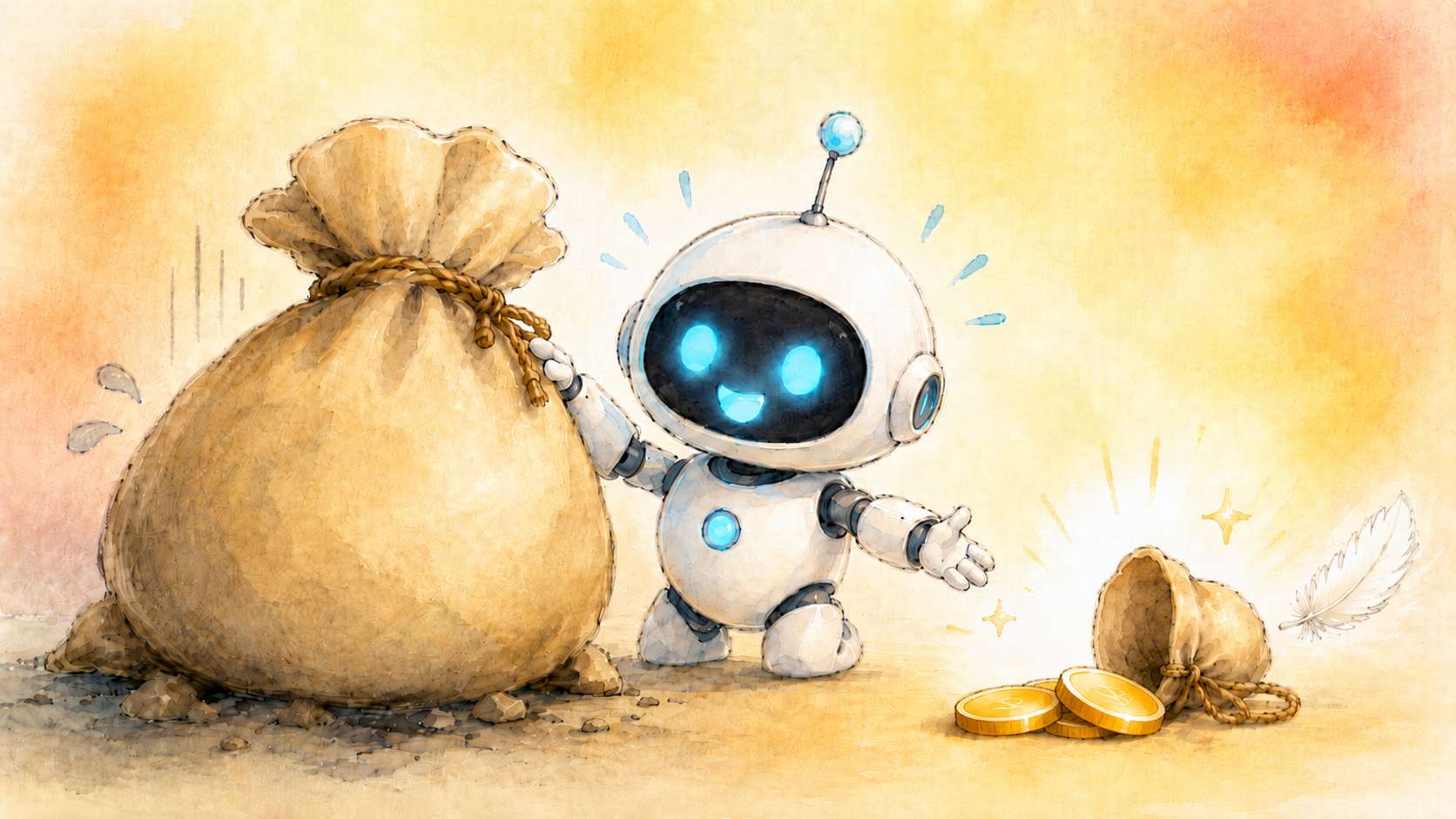 重そうな大きなお金の袋と軽くなったコインを見比べる白い小さなロボット