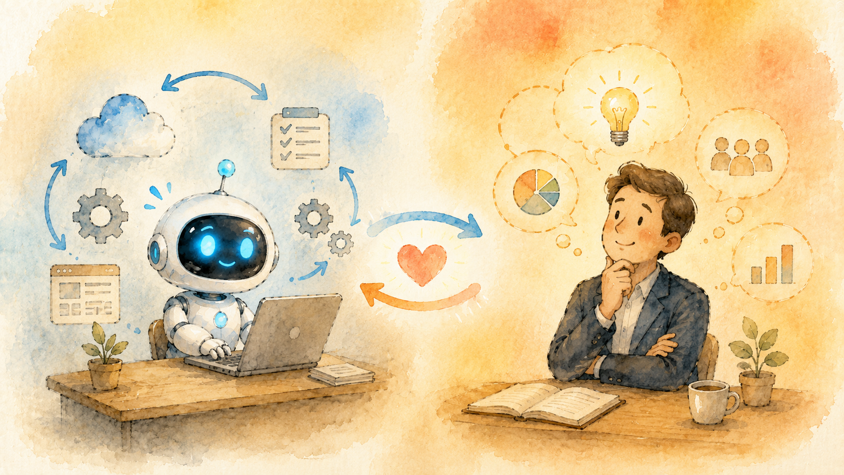 定型業務をAI・自動化ツールに任せ、判断が必要な業務を人間に残す役割分担を表す図解
