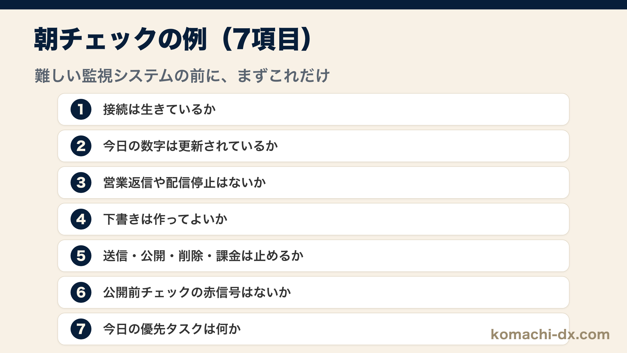 朝チェック7項目:接続・数字・営業返信・下書き・停止線・公開前確認・優先タスク