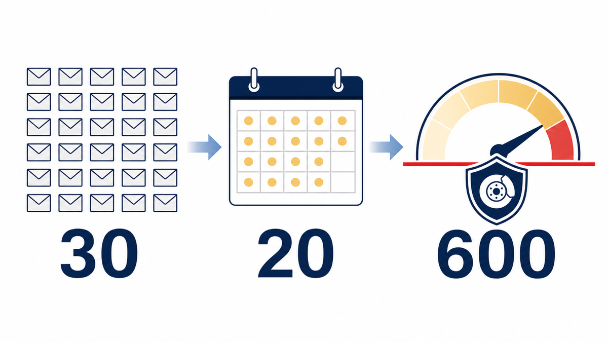 1日30通×20営業日で月600通を上限にする考え方の図解