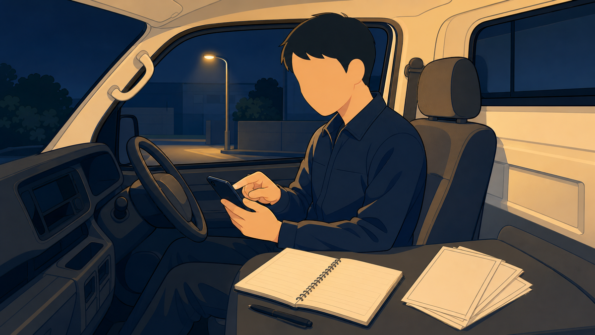 夜の運転席でその日の数字をスマホに残すドライバー